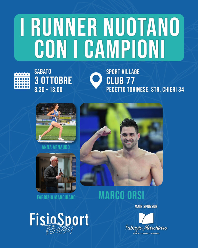 Locandina I runner nuotano con i campioni: sabato 3 ottobre, Sport Village Club 77, con Anna Arnaudo, Marco Orsi e Fabrizio Marchiaro